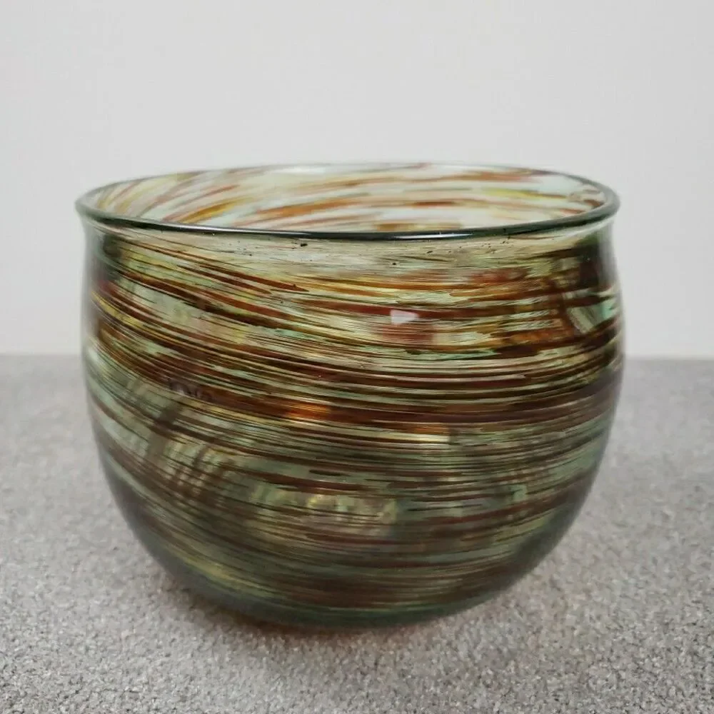 David Kolasky Signed Studio Blown Art Glass Vase Brown & Multi Swirls Bowl
